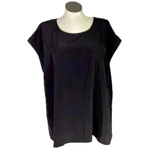 CJ Banks Women 3X Scoop Neck Short Sleeve Blouse Top Black Polyester Pocket NEW